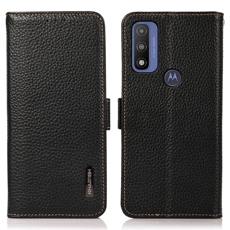 KHAZNEH Litchi Texture Side Magnetic Clasp Genuine Leather Phone Wallet Case Cover with RFID Blocking Anti-theft Swiping Design for Motorola G Pure - Black-1