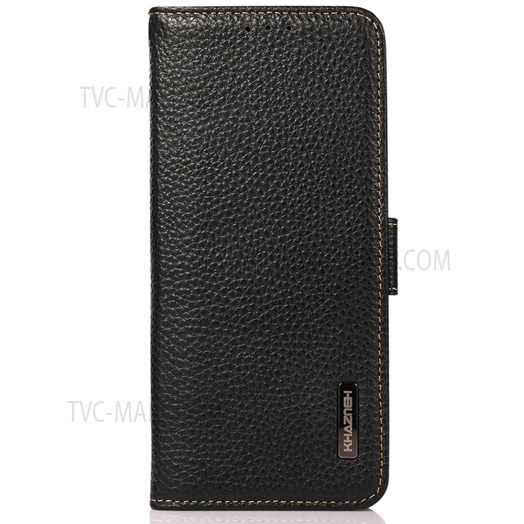 KHAZNEH Litchi Texture Side Magnetic Clasp Genuine Leather Phone Wallet Case Cover with RFID Blocking Anti-theft Swiping Design for Motorola G Pure - Black-2