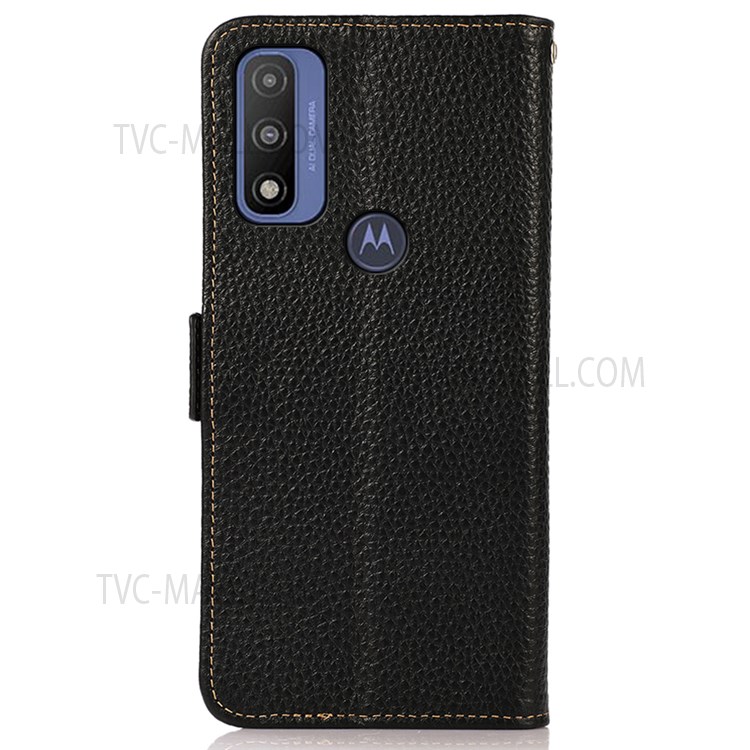 KHAZNEH Litchi Texture Side Magnetic Clasp Genuine Leather Phone Wallet Case Cover with RFID Blocking Anti-theft Swiping Design for Motorola G Pure - Black-3