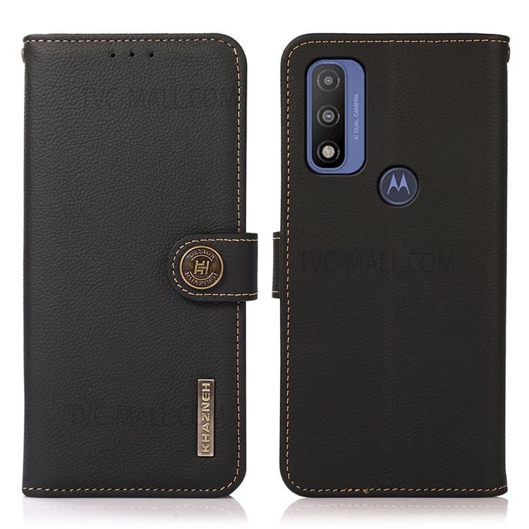 KHAZNEH RFID Blocking Anti Theft Swiping Design Genuine Leather Phone Case Cover with Wallet Stand for Motorola G Pure - Black-1