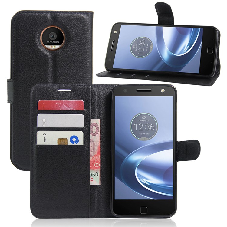 Litchi Skin Leather Wallet Case for Motorola Moto Z Play - Black-1