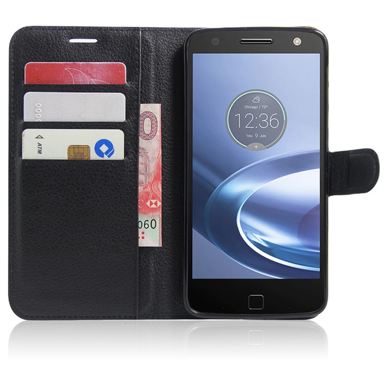 Litchi Skin Leather Wallet Case for Motorola Moto Z Play - Black-5