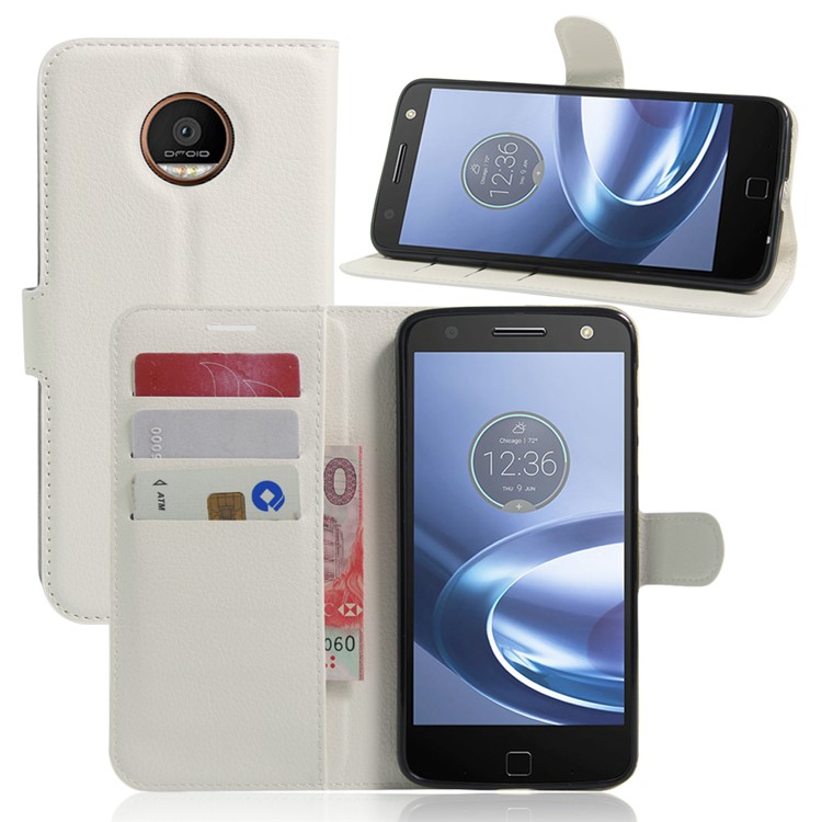 Litchi Skin Leather Wallet Cover for Motorola Moto Z Play - White-1