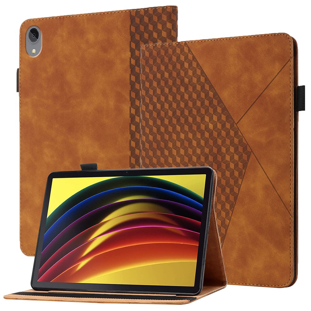 Rhombus Imprinting Scratch-Resistant Skin-Touch Leather + PU Tablet Protective Case Cover with Card Slots for Lenovo Tab P11 J606F- Brown-1