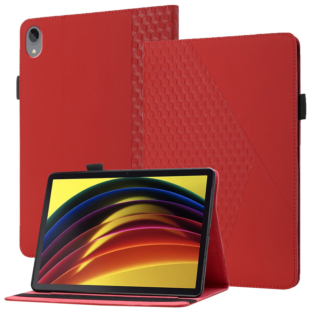 Rhombus Imprinting Scratch-Resistant Skin-Touch Leather + PU Tablet Protective Case Cover with Card Slots for Lenovo Tab P11 J606F- Red-1