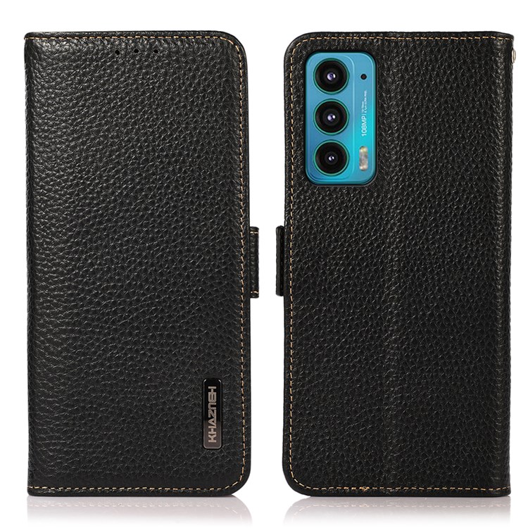KHAZNEH Litchi Texture RFID Blocking Anti-theft Stand Wallet Case Magnetic Genuine Leather Folio Cover for Motorola Edge 20 - Black-1