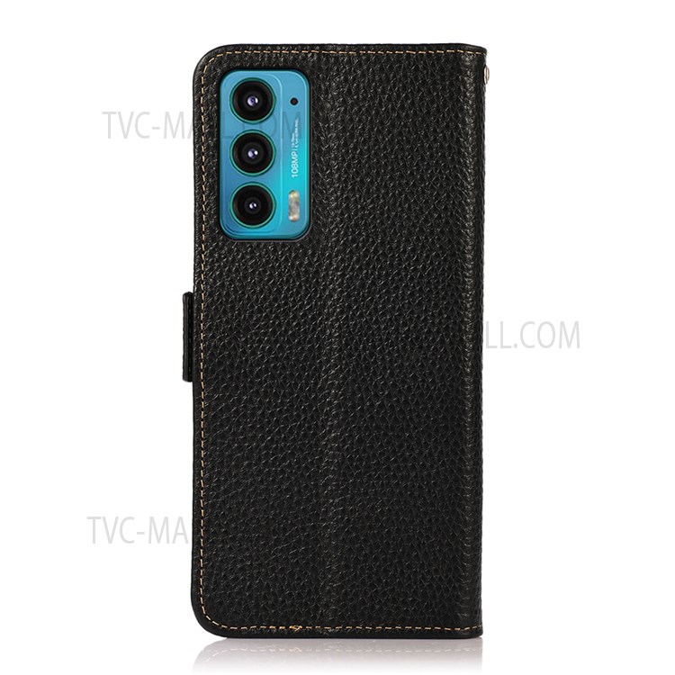 KHAZNEH Litchi Texture RFID Blocking Anti-theft Stand Wallet Case Magnetic Genuine Leather Folio Cover for Motorola Edge 20 - Black-3