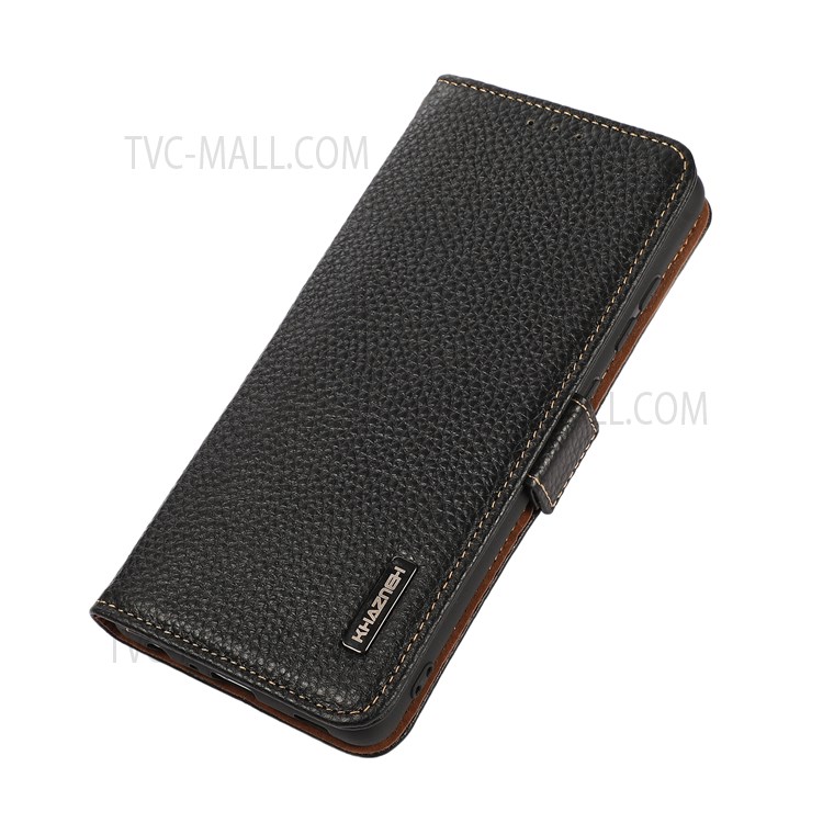 KHAZNEH Litchi Texture RFID Blocking Anti-theft Stand Wallet Case Magnetic Genuine Leather Folio Cover for Motorola Edge 20 - Black-7