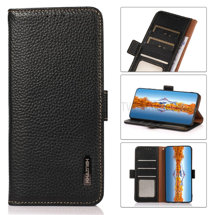 KHAZNEH Litchi Texture RFID Blocking Anti-theft Stand Wallet Case Magnetic Genuine Leather Folio Cover for Motorola Edge 20 - Black-9