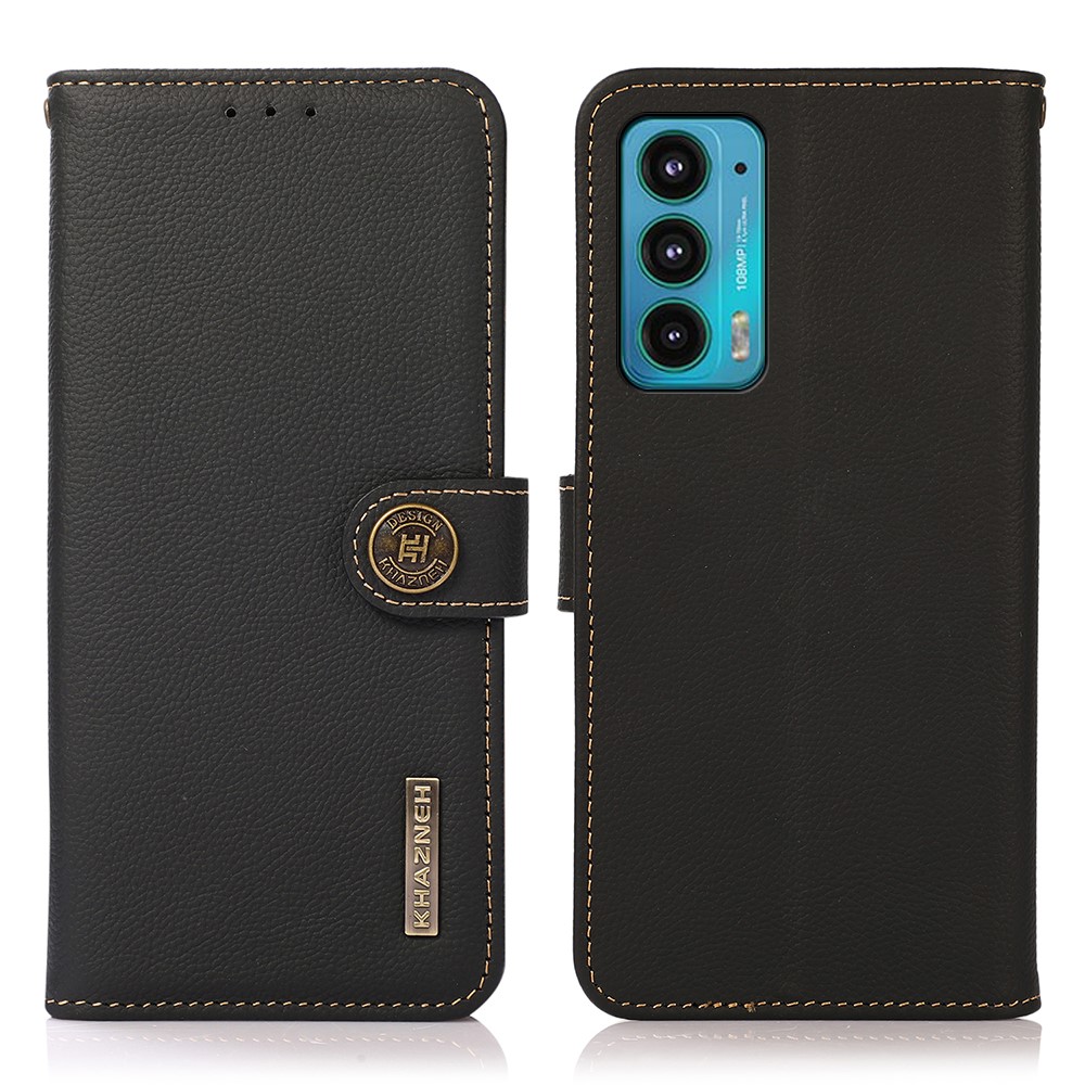 KHAZNEH RFID Blocking Anti-Theft Swiping Design Genuine Leather Wallet Case Stand Magnetic Protective Folio Flip Cover for Motorola Edge 20 - Black-1