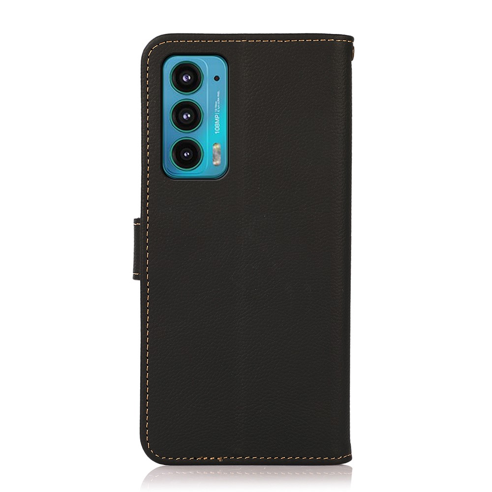 KHAZNEH RFID Blocking Anti-Theft Swiping Design Genuine Leather Wallet Case Stand Magnetic Protective Folio Flip Cover for Motorola Edge 20 - Black-3