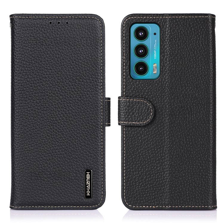 KHAZNEH Stand Feature Magnetic Closure Litchi Texture Top Layer Genuine Leather Wallet Phone Case for Motorola Edge 20 - Black-1
