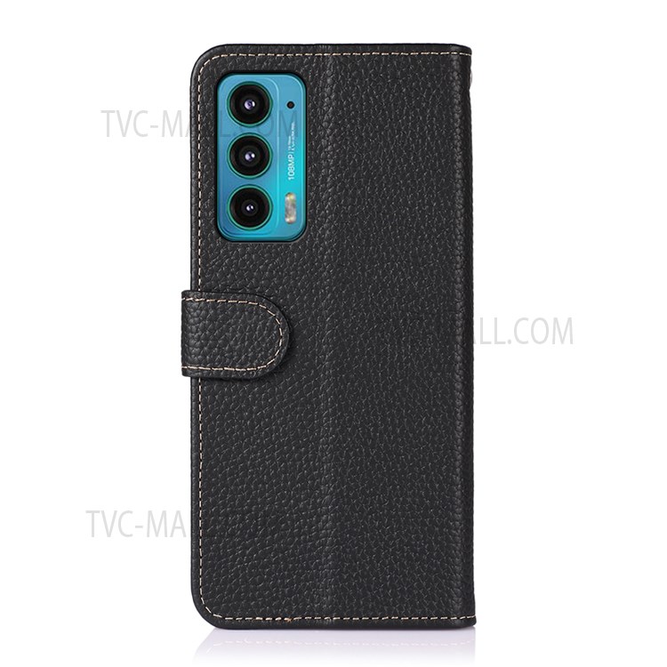 KHAZNEH Stand Feature Magnetic Closure Litchi Texture Top Layer Genuine Leather Wallet Phone Case for Motorola Edge 20 - Black-3