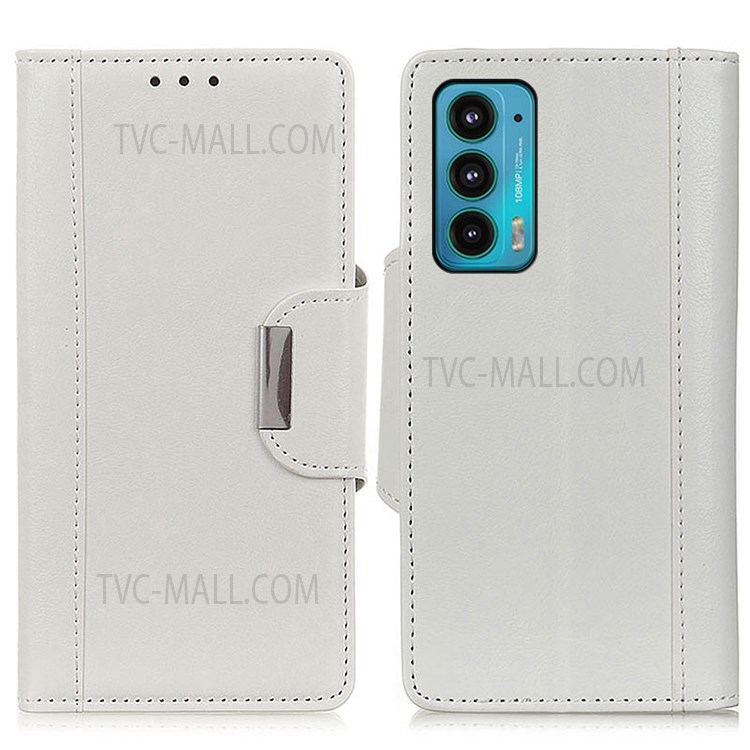 Standing Feature PU Leather Wallet Magnetic Folio Flip Phone Cover for Motorola Edge 20 - White-1