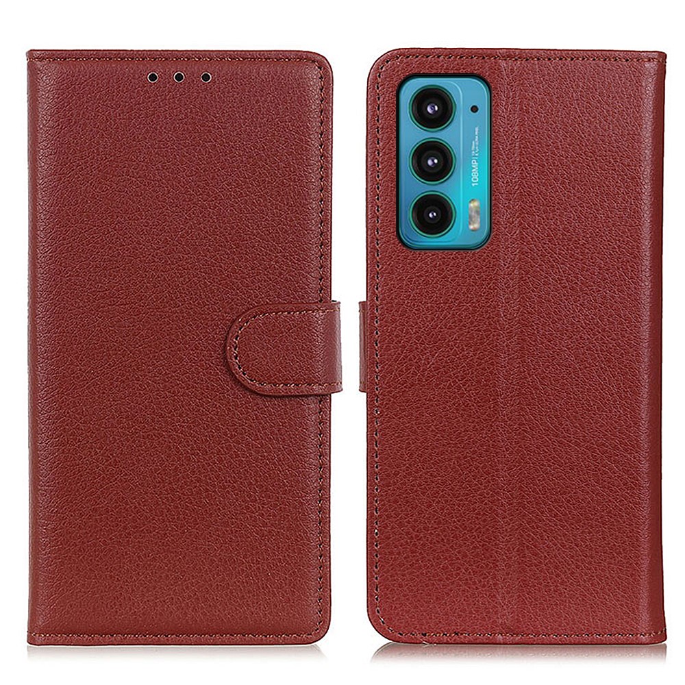 Full Protection Litchi Texture PU Leather Wallet Flip Magnetic Phone Cover for Motorola Edge 20 - Brown-1