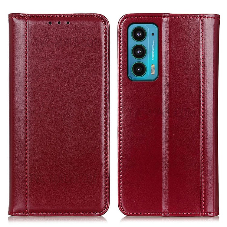 Viewing Stand Split Leather Wallet Flip Case Auto Closing Magnetic Shockproof Phone Cover for Motorola Edge 20 - Wine Red-1