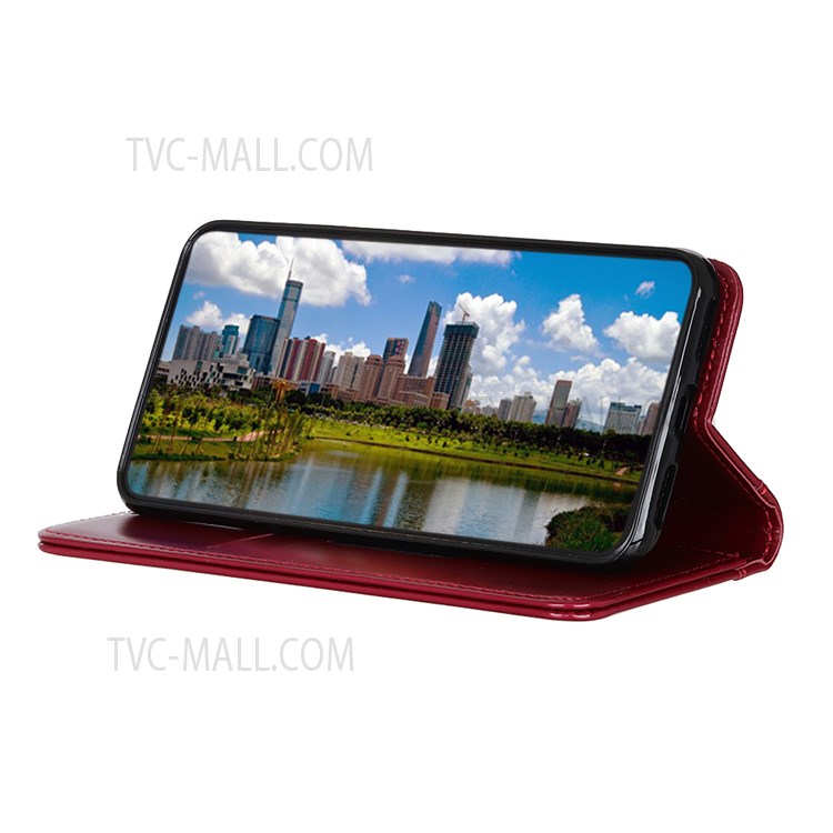 Viewing Stand Split Leather Wallet Flip Case Auto Closing Magnetic Shockproof Phone Cover for Motorola Edge 20 - Wine Red-4