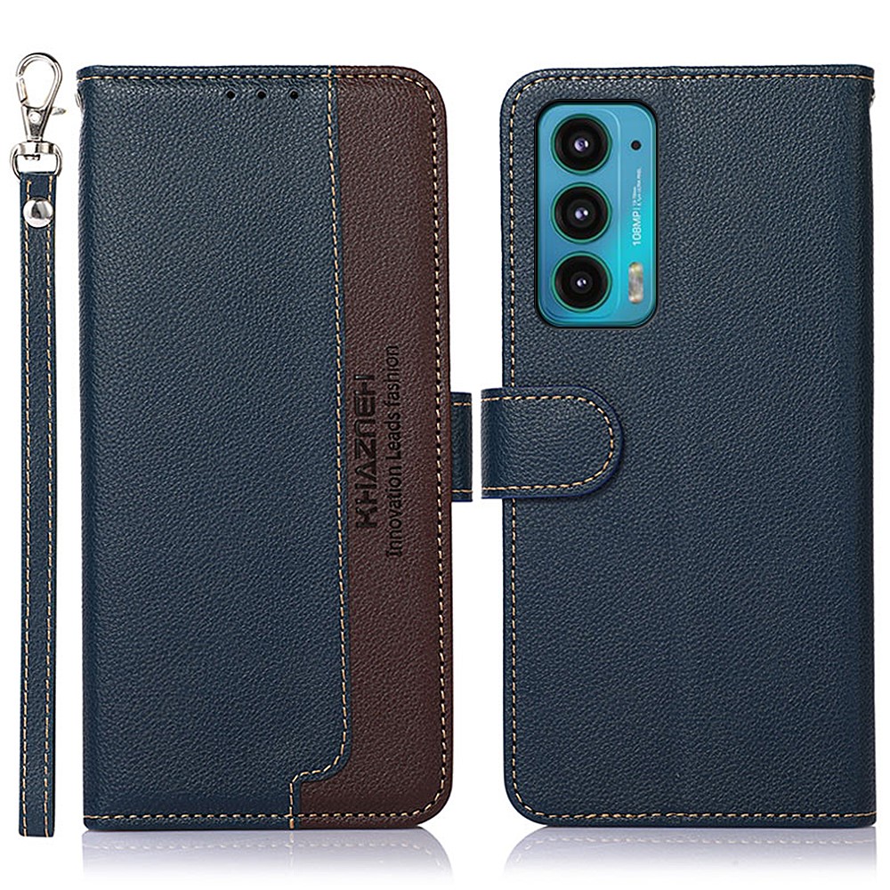 KHAZNEH Litchi Texture Leather Phone Case Anti-theft Swiping Shell with Stand Wallet Design for Motorola Edge 20 - Blue-1