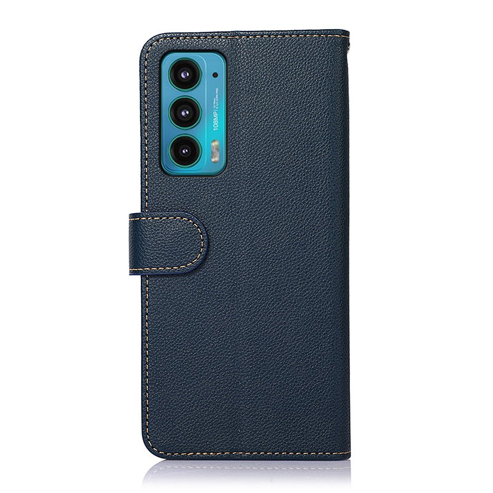 KHAZNEH Litchi Texture Leather Phone Case Anti-theft Swiping Shell with Stand Wallet Design for Motorola Edge 20 - Blue-3
