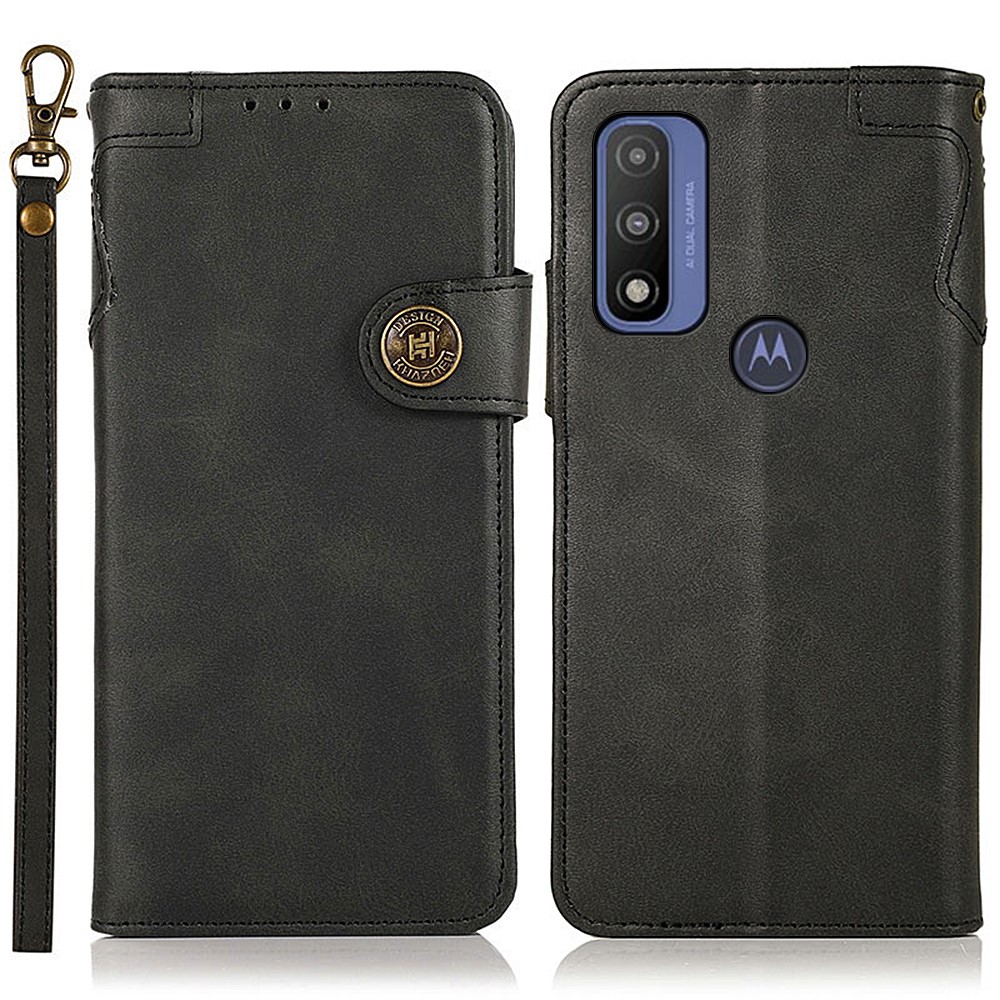 KHAZNEH Scratch-resistant PU Leather Wallet Stand Design Phone Case Cover with Wrist Strap for Motorola G Pure - Black-1