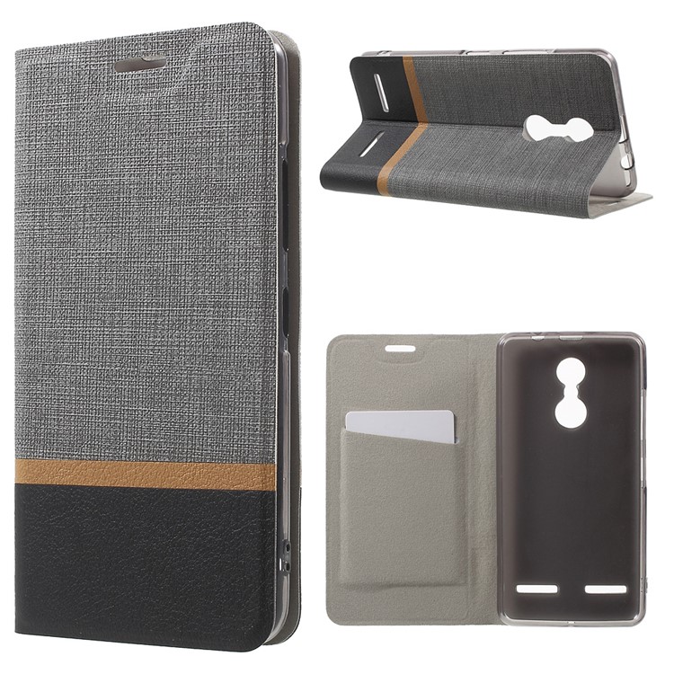 Cross Texture Card Holder Leather Stand Cover for Lenovo K6 - Grey -1