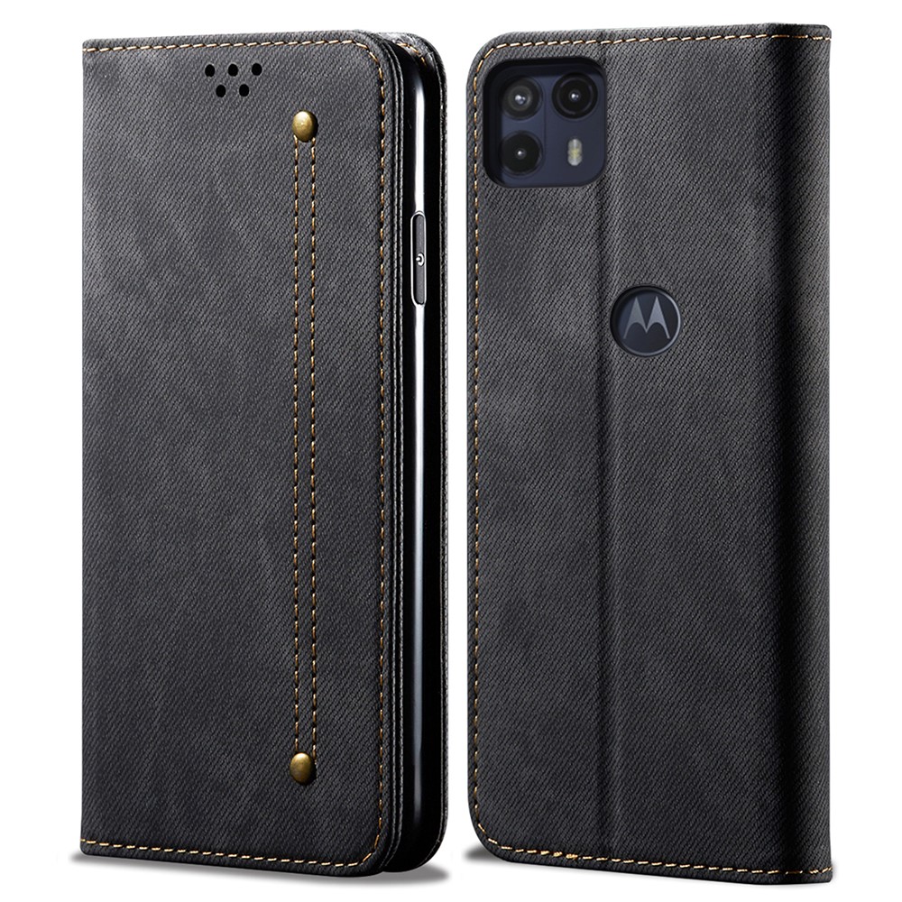 Jeans Cloth Texture Shock-resistant Flip Phone Cover Wallet Stand Leather Case for Motorola Moto G50 5G - Black-1