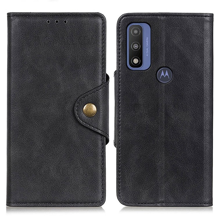 Full Protection Stand PU Leather Wallet Folio Flip Phone Cover with magnetic Brass Buckle for Motorola G Pure - Black-1