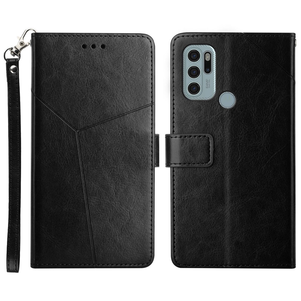 Imprinting Y-shaped Line Four Corner Buffer Stand Wallet Leather Case Shell for Motorola Moto G60S - Black-1