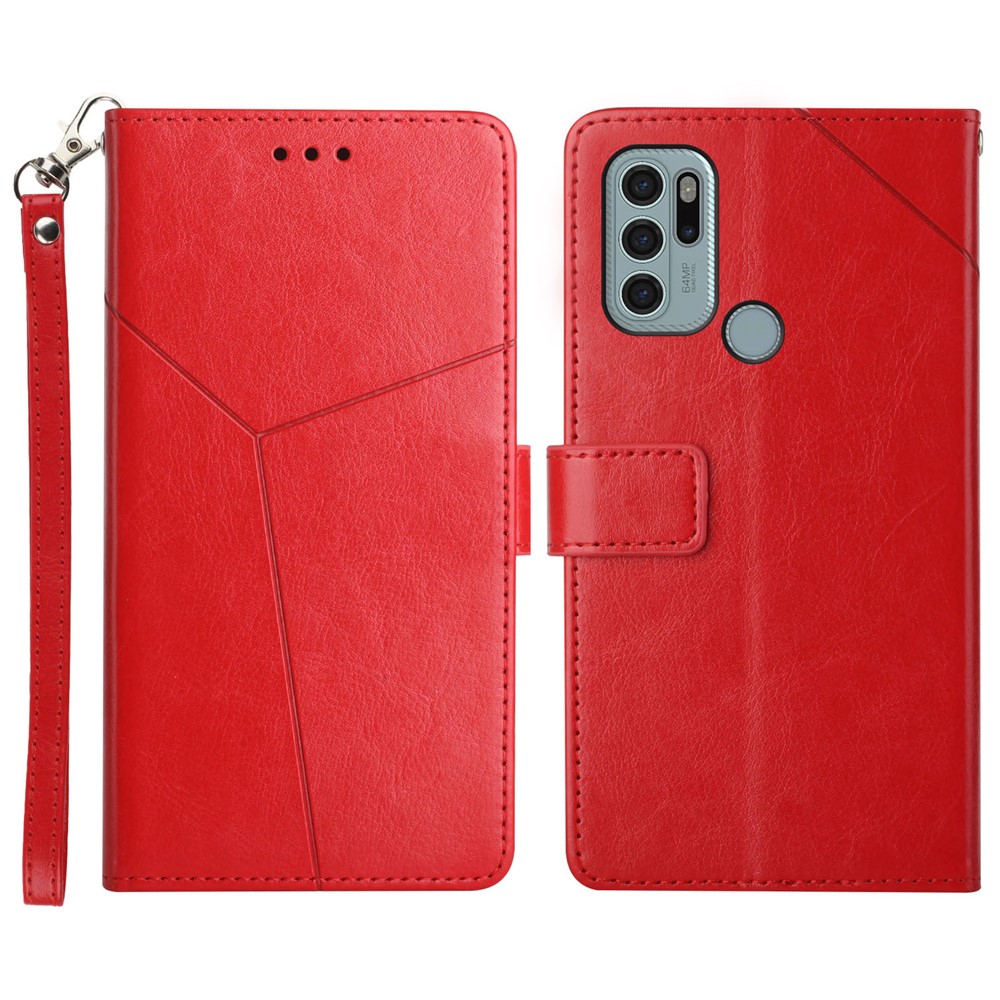 Imprinting Y-shaped Line Four Corner Buffer Stand Wallet Leather Case Shell for Motorola Moto G60S - Red-1