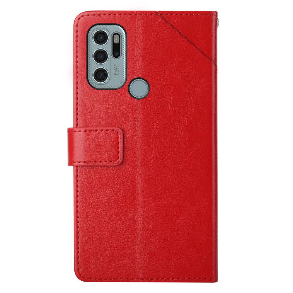 Imprinting Y-shaped Line Four Corner Buffer Stand Wallet Leather Case Shell for Motorola Moto G60S - Red-9