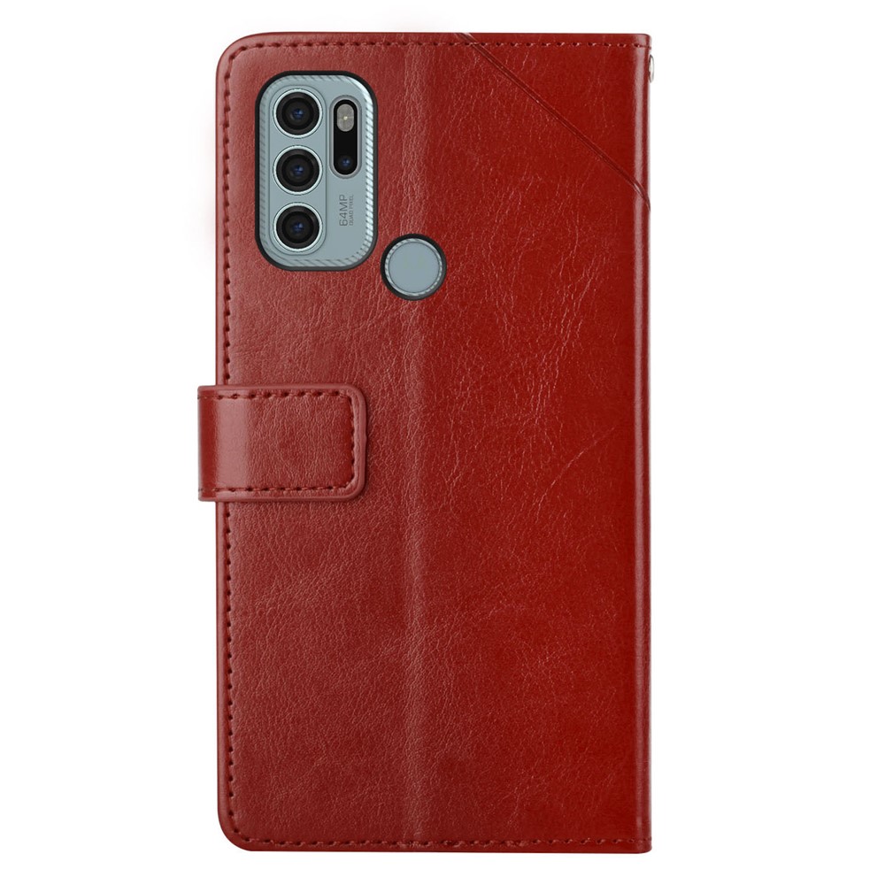 Imprinting Y-shaped Line Four Corner Buffer Stand Wallet Leather Case Shell for Motorola Moto G60S - Wine Red-9