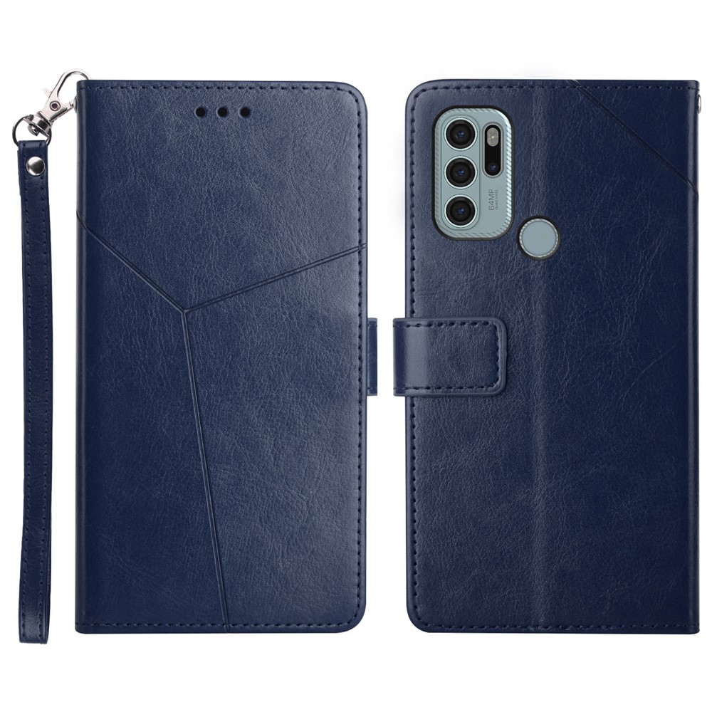 Imprinting Y-shaped Line Four Corner Buffer Stand Wallet Leather Case Shell for Motorola Moto G60S - Blue-1