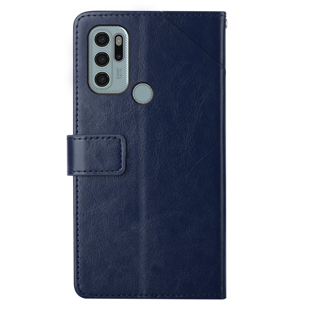 Imprinting Y-shaped Line Four Corner Buffer Stand Wallet Leather Case Shell for Motorola Moto G60S - Blue-9