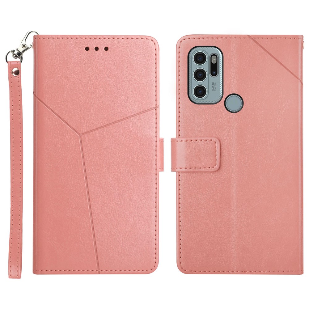 Imprinting Y-shaped Line Four Corner Buffer Stand Wallet Leather Case Shell for Motorola Moto G60S - Pink-1