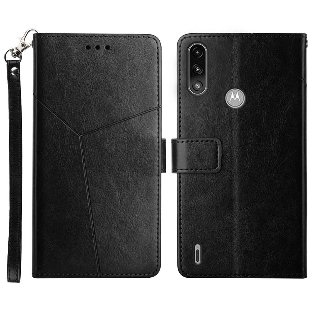 Imprinting Y-shaped Line Stand Wallet Leather Case Shell with Portable Hand Strap for Motorola Moto E7 Power - Black-1
