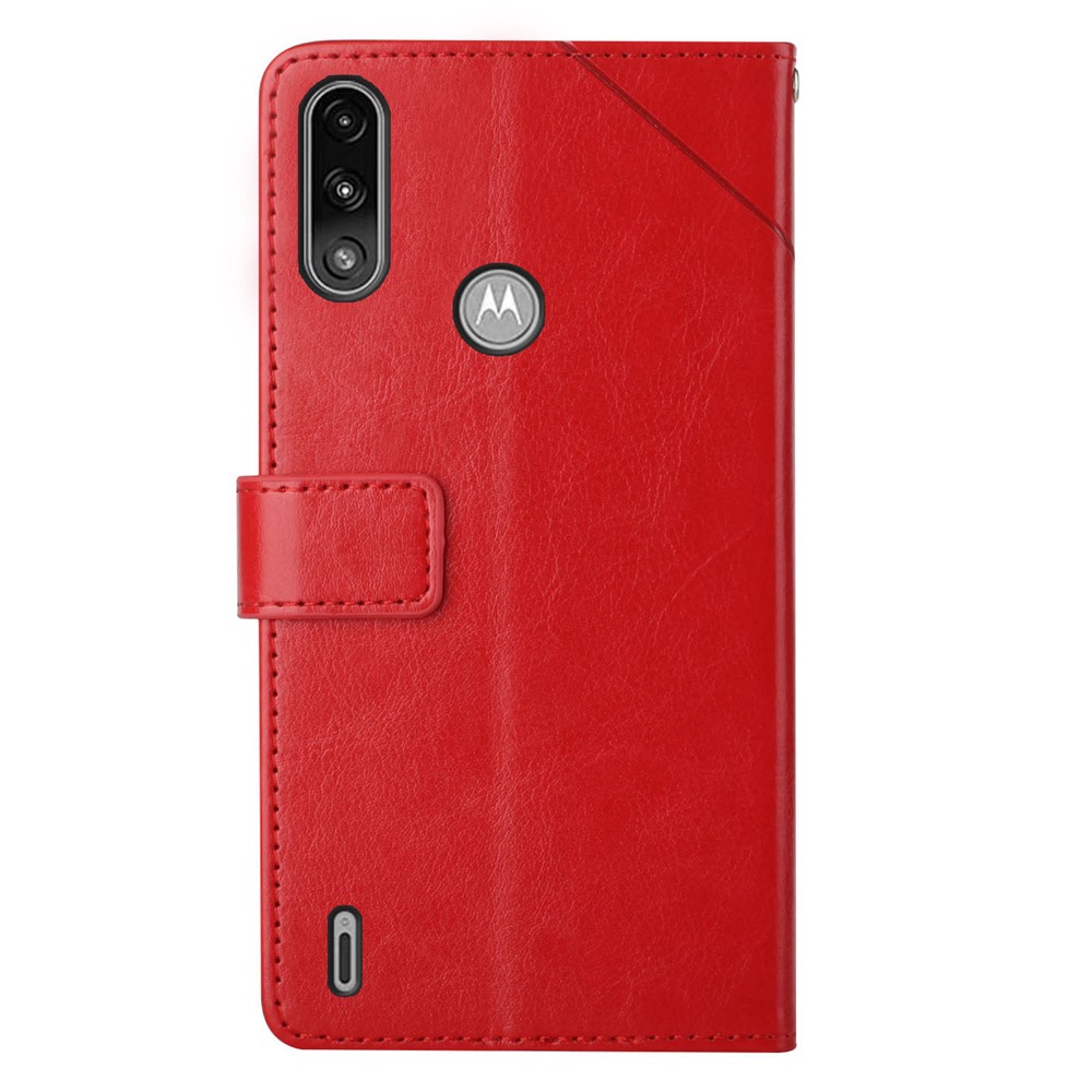 Imprinting Y-shaped Line Stand Wallet Leather Case Shell with Portable Hand Strap for Motorola Moto E7 Power - Red-9