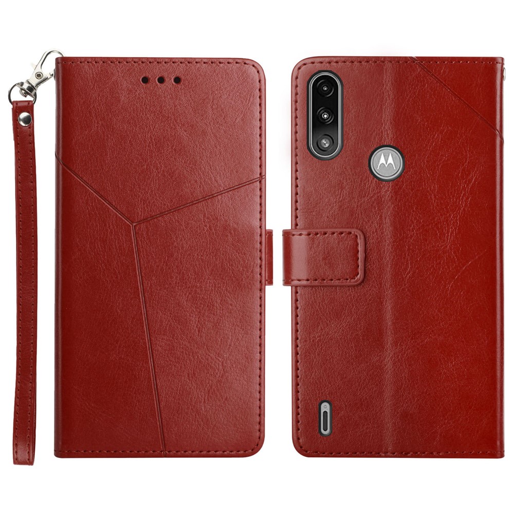 Imprinting Y-shaped Line Stand Wallet Leather Case Shell with Portable Hand Strap for Motorola Moto E7 Power - Wine Red-1
