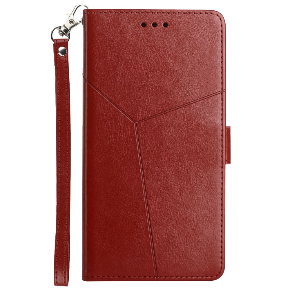 Imprinting Y-shaped Line Stand Wallet Leather Case Shell with Portable Hand Strap for Motorola Moto E7 Power - Wine Red-8