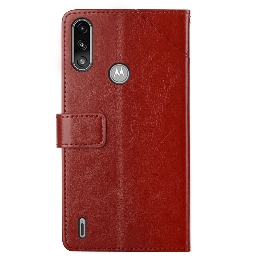 Imprinting Y-shaped Line Stand Wallet Leather Case Shell with Portable Hand Strap for Motorola Moto E7 Power - Wine Red-9