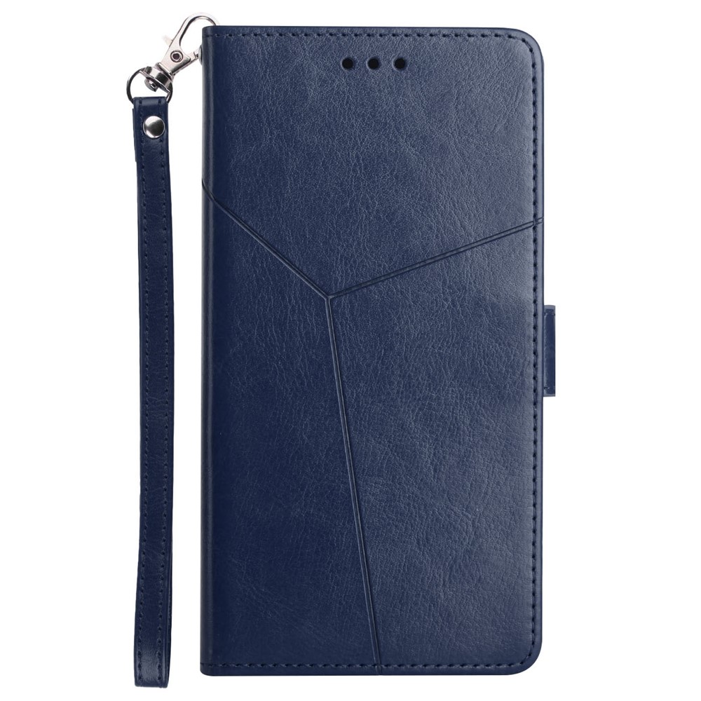 Imprinting Y-shaped Line Stand Wallet Leather Case Shell with Portable Hand Strap for Motorola Moto E7 Power - Blue-8