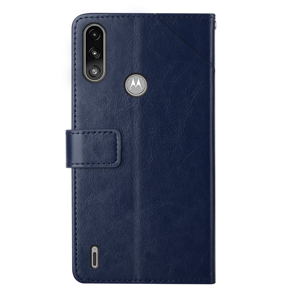 Imprinting Y-shaped Line Stand Wallet Leather Case Shell with Portable Hand Strap for Motorola Moto E7 Power - Blue-9