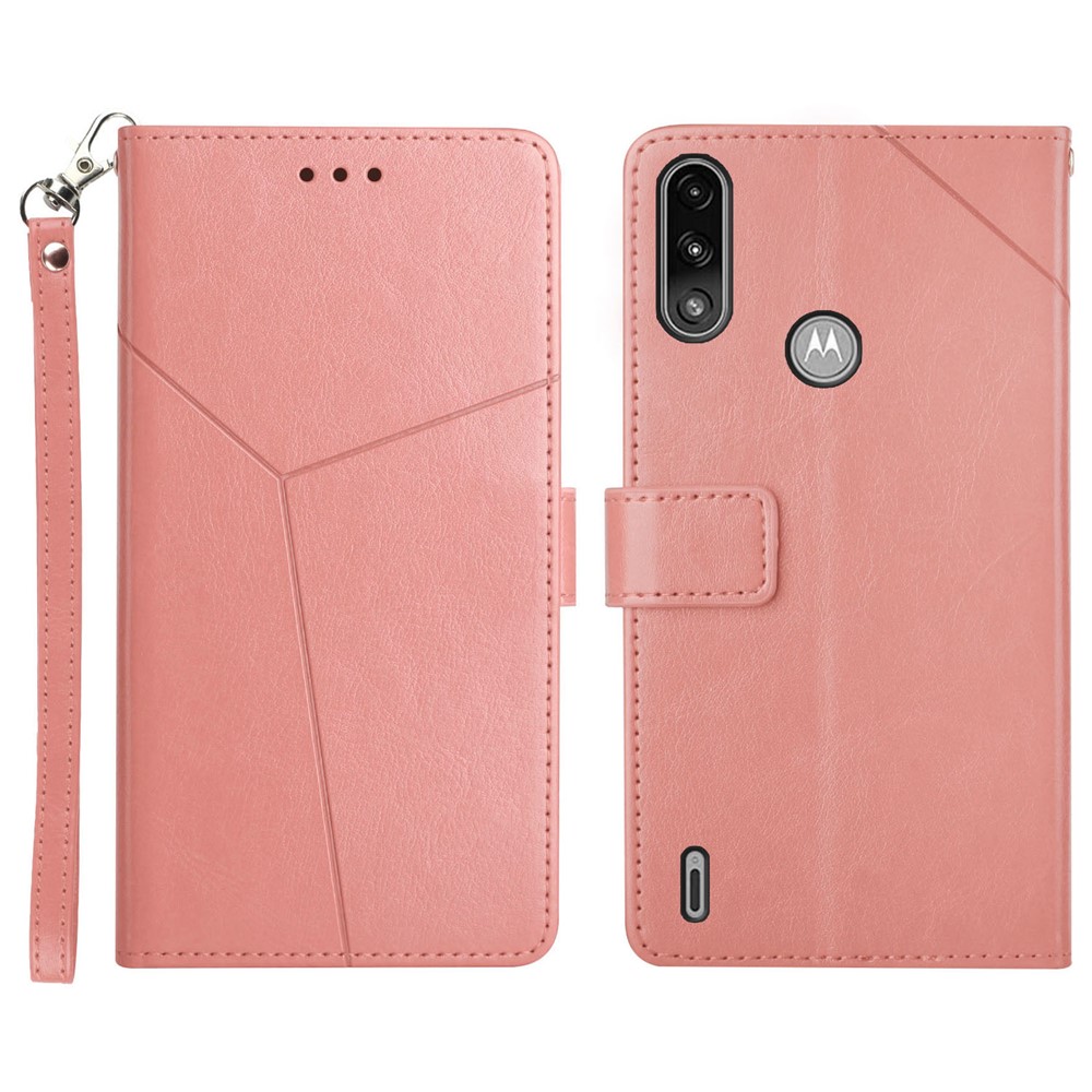 Imprinting Y-shaped Line Stand Wallet Leather Case Shell with Portable Hand Strap for Motorola Moto E7 Power - Pink-1