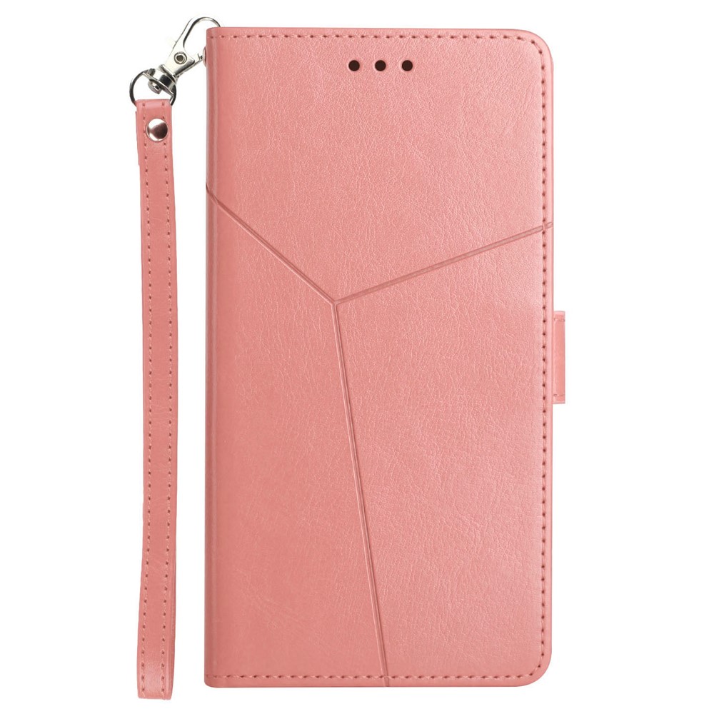 Imprinting Y-shaped Line Stand Wallet Leather Case Shell with Portable Hand Strap for Motorola Moto E7 Power - Pink-8