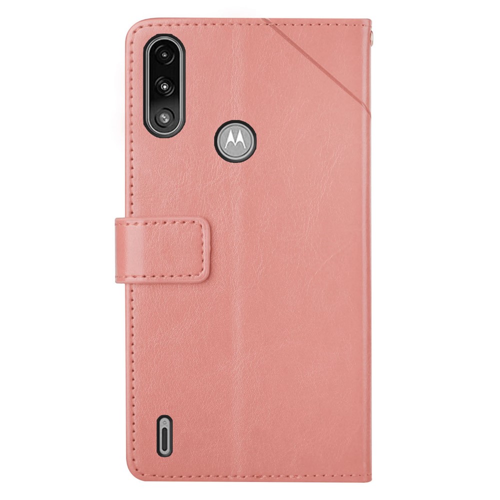 Imprinting Y-shaped Line Stand Wallet Leather Case Shell with Portable Hand Strap for Motorola Moto E7 Power - Pink-9