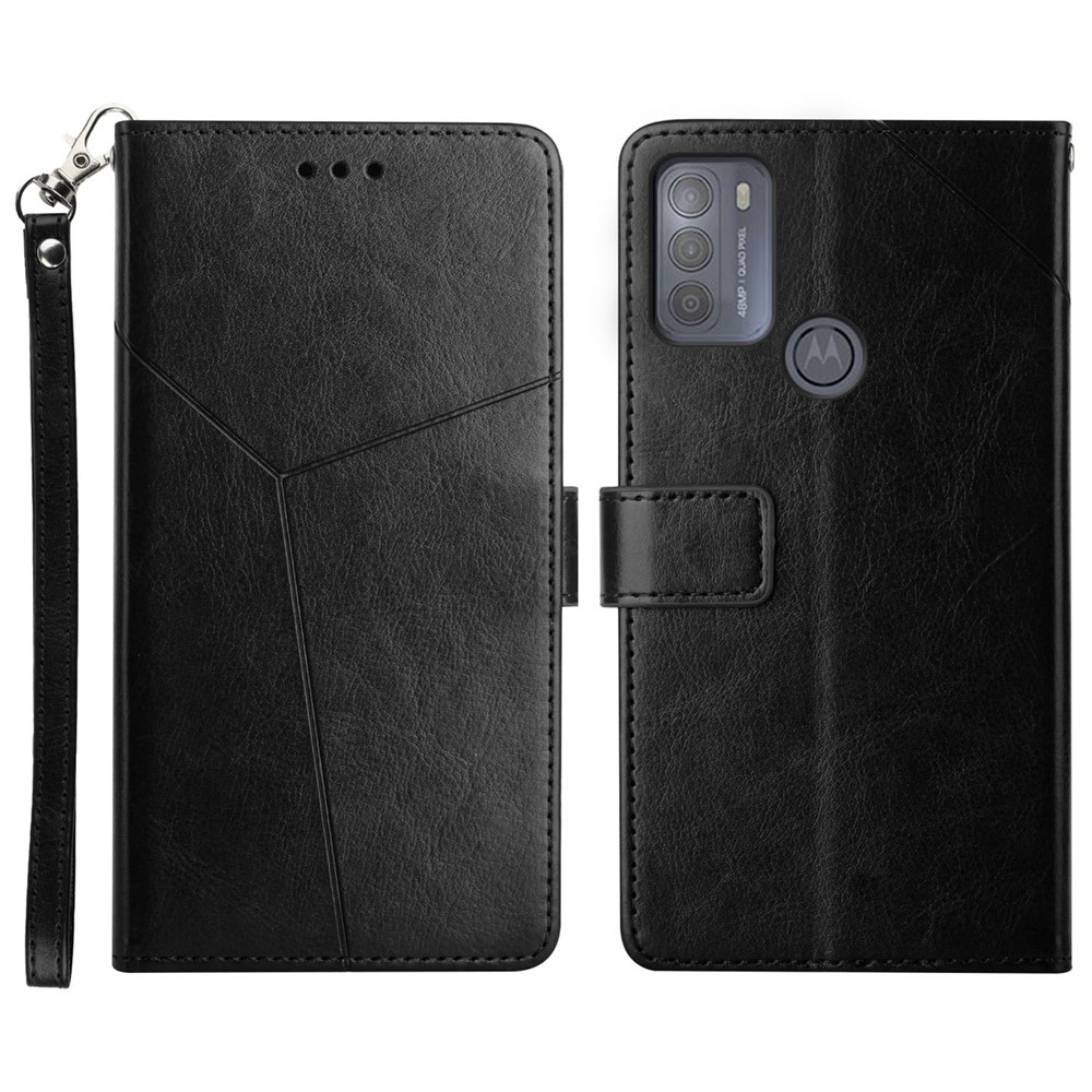 Cushion Buffer Imprinting Y-shaped Line Stand Wallet Leather Case Shell for Motorola Moto G50 - Black-1