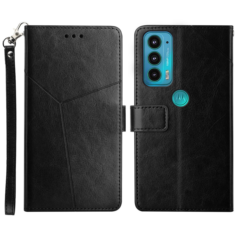 Y-Shaped Lines Imprinting All Wrapped PU Leather Foldable Stand Cover Shell with Wallet for Motorola Edge 20 - Black-1