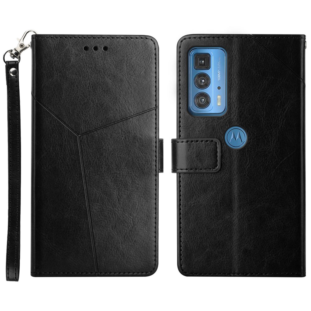 Full-Protective Y-Shaped Lines Imprinting PU Leather Foldable Stand Cover Shell with Wallet for Motorola Edge 20 Pro - Black-1