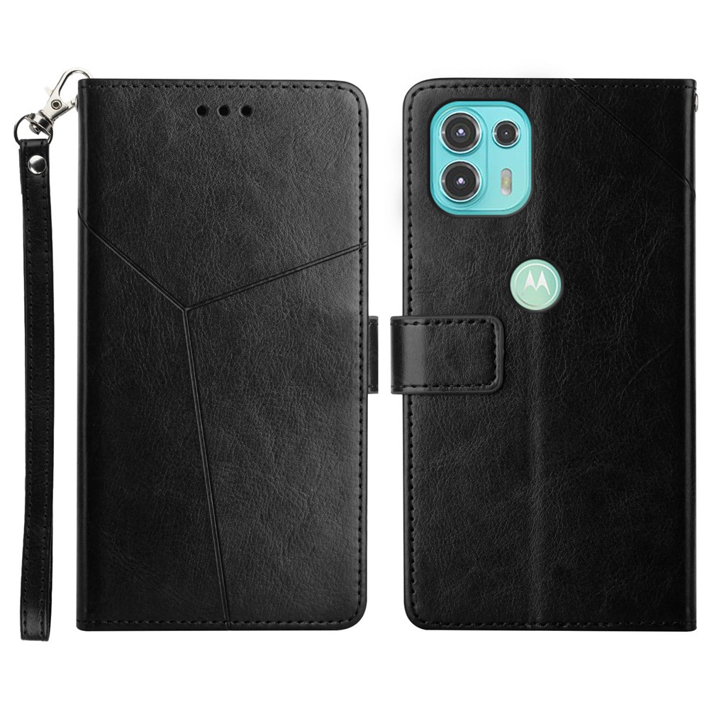 Folio Wallet Design Splash-Proof Y-Shaped Lines Imprinting PU Leather Cover Shell with Stand Design for Motorola Edge 20 Lite - Black-1