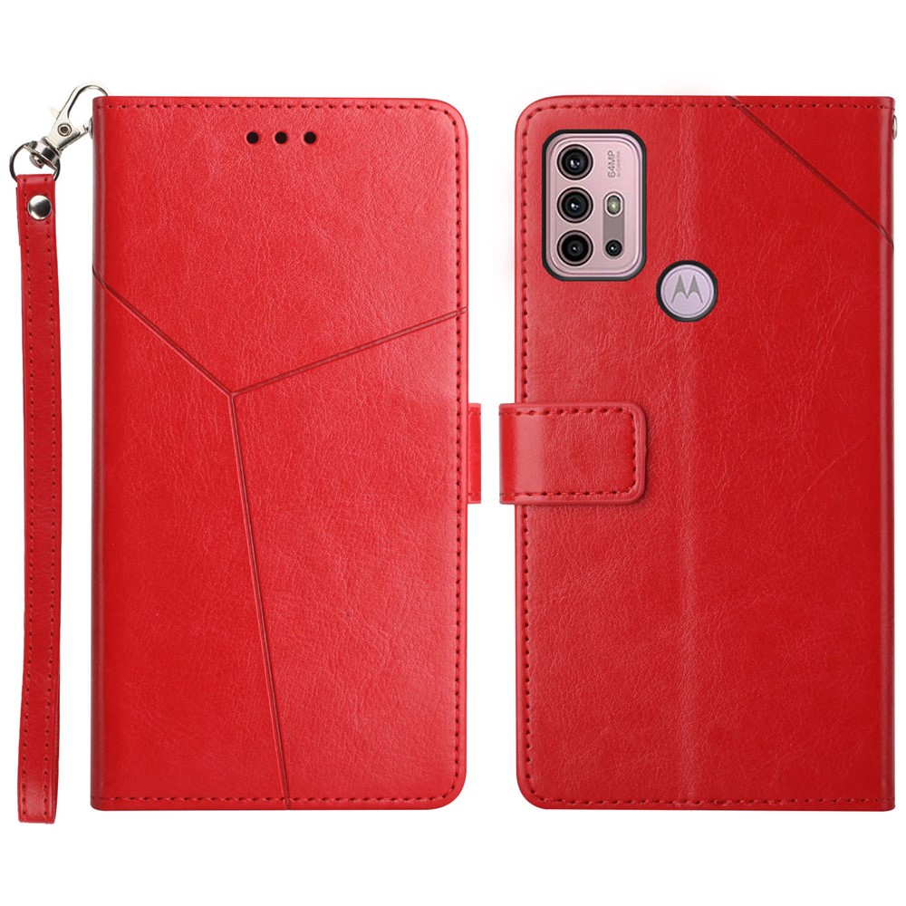 Adjustable Stand Design Drop-Proof Y-Shaped Lines Imprinting PU Leather Cover Shell with Wallet for Motorola Moto G30/G20/G10/G10 Power - Red-1