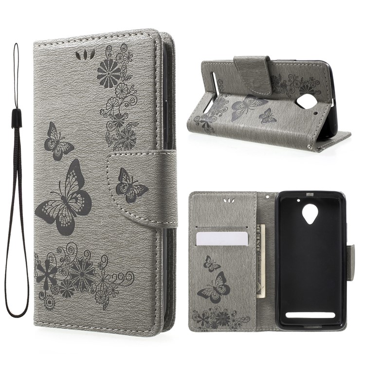 Floral Butterfly Leather Stand Cover with Hand Strap for Lenovo Vibe C2 - Grey-1